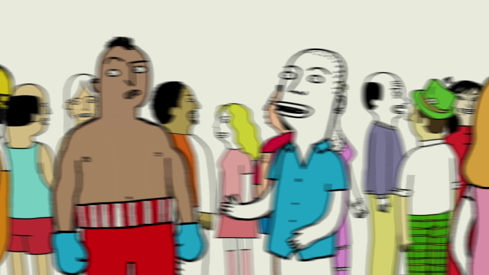 Frame from the Air bp film, a wide crowd of flat character illustrations