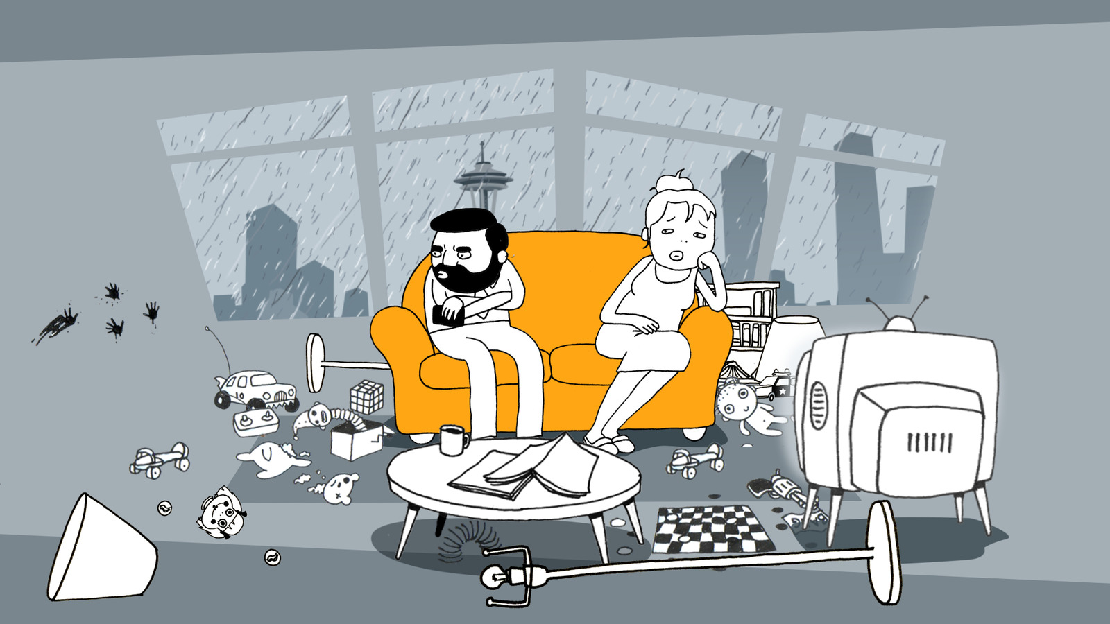 Still frame from the finished "Jerry's Story" film, a character relaxing on a beach under an orange umbrella