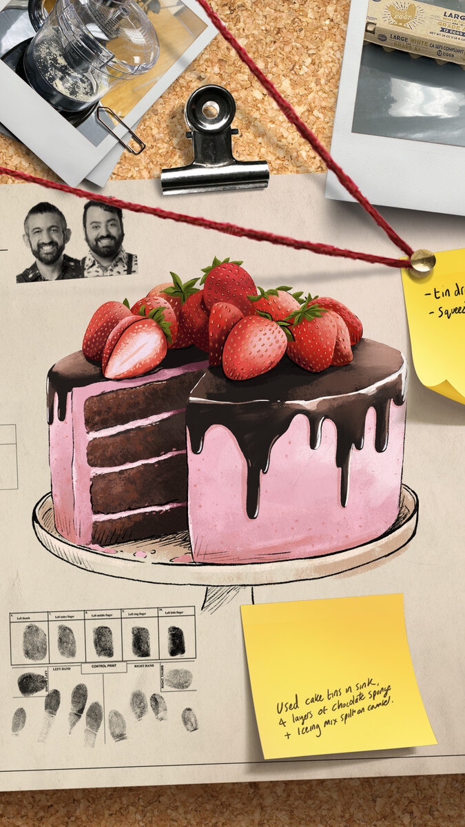 Illustrated pink-and-chocolate layer cake topped with strawberries, pinned to a cork evidence board with fingerprint cards and a handwritten note