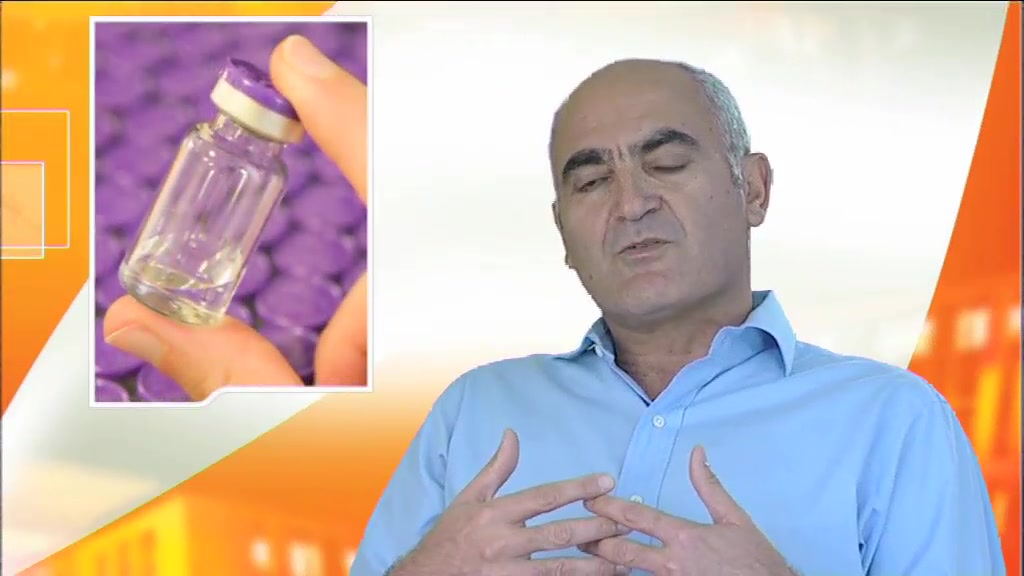 GSK Vaccines Business News, a presenter beside an animated screen graphic playing footage of a GSK site