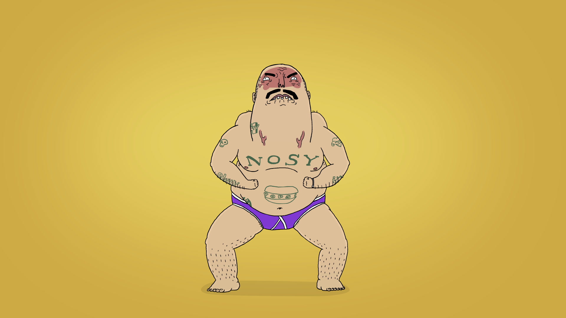 Jack Morton Anniversary, the tattooed character in a wide, front facing stance, a 'NOSY' tattoo across his chest