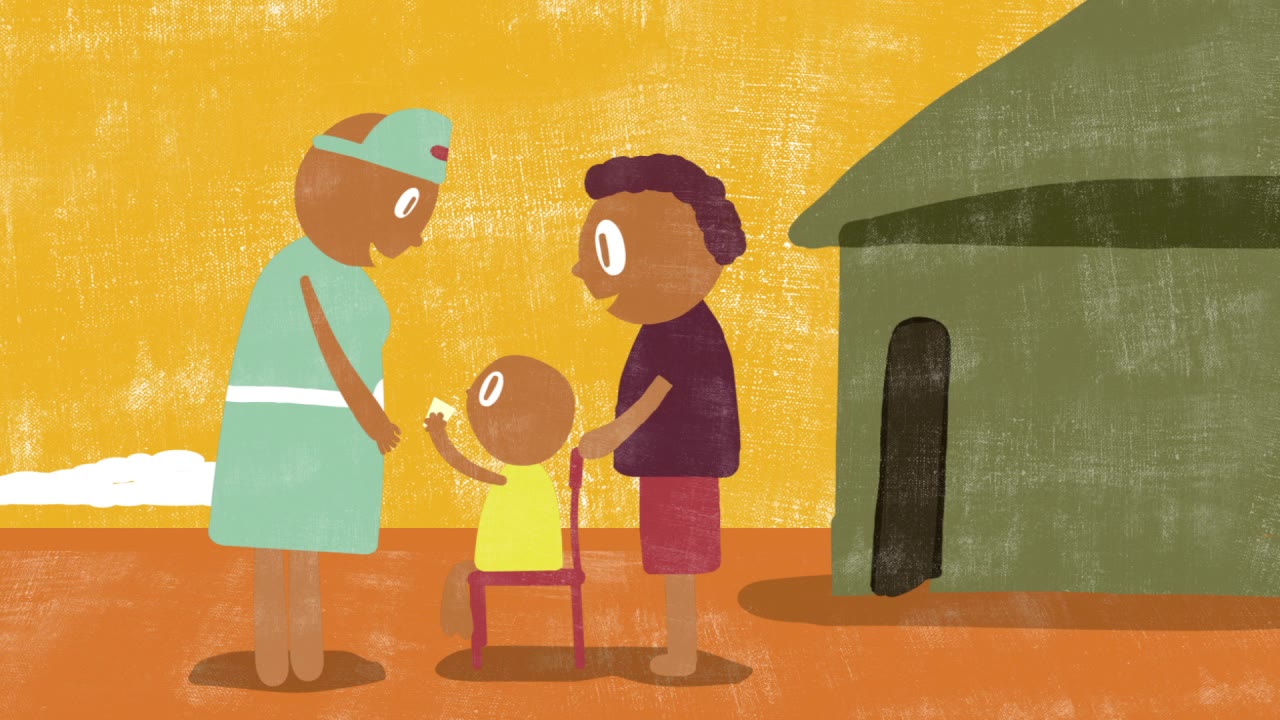 Power of One, a health worker handing a malaria treatment to a child, watched by a parent outside their home