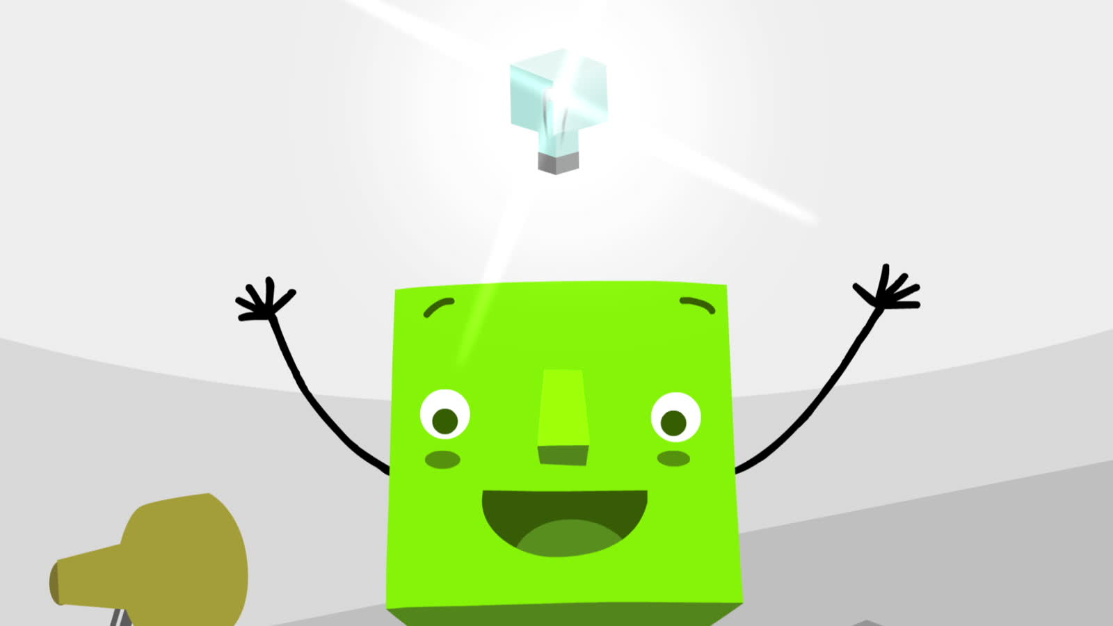 Frame from the theAcademy film, a green cube character celebrating beneath a glowing lightbulb