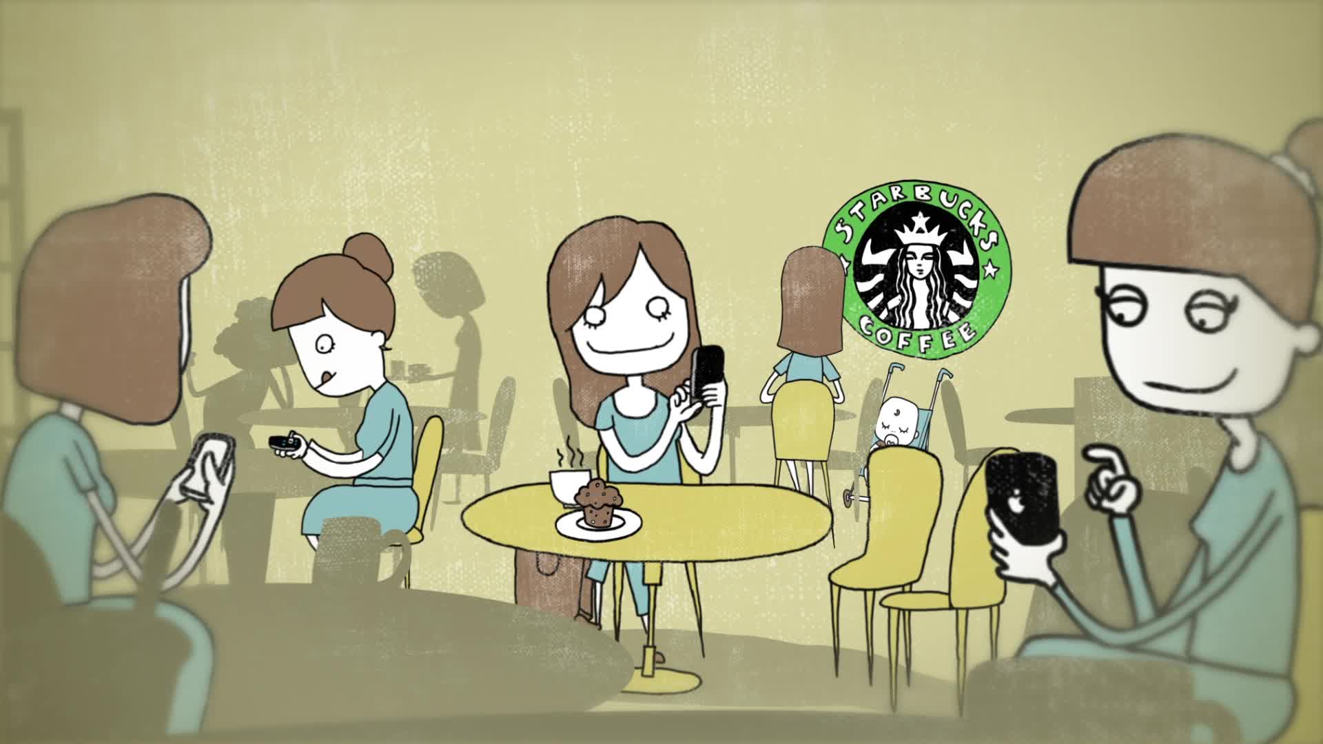 Unilever, Small Actions Big Difference (UK), drawn mums checking phones at a café table, with a Starbucks Foursquare offer overlay