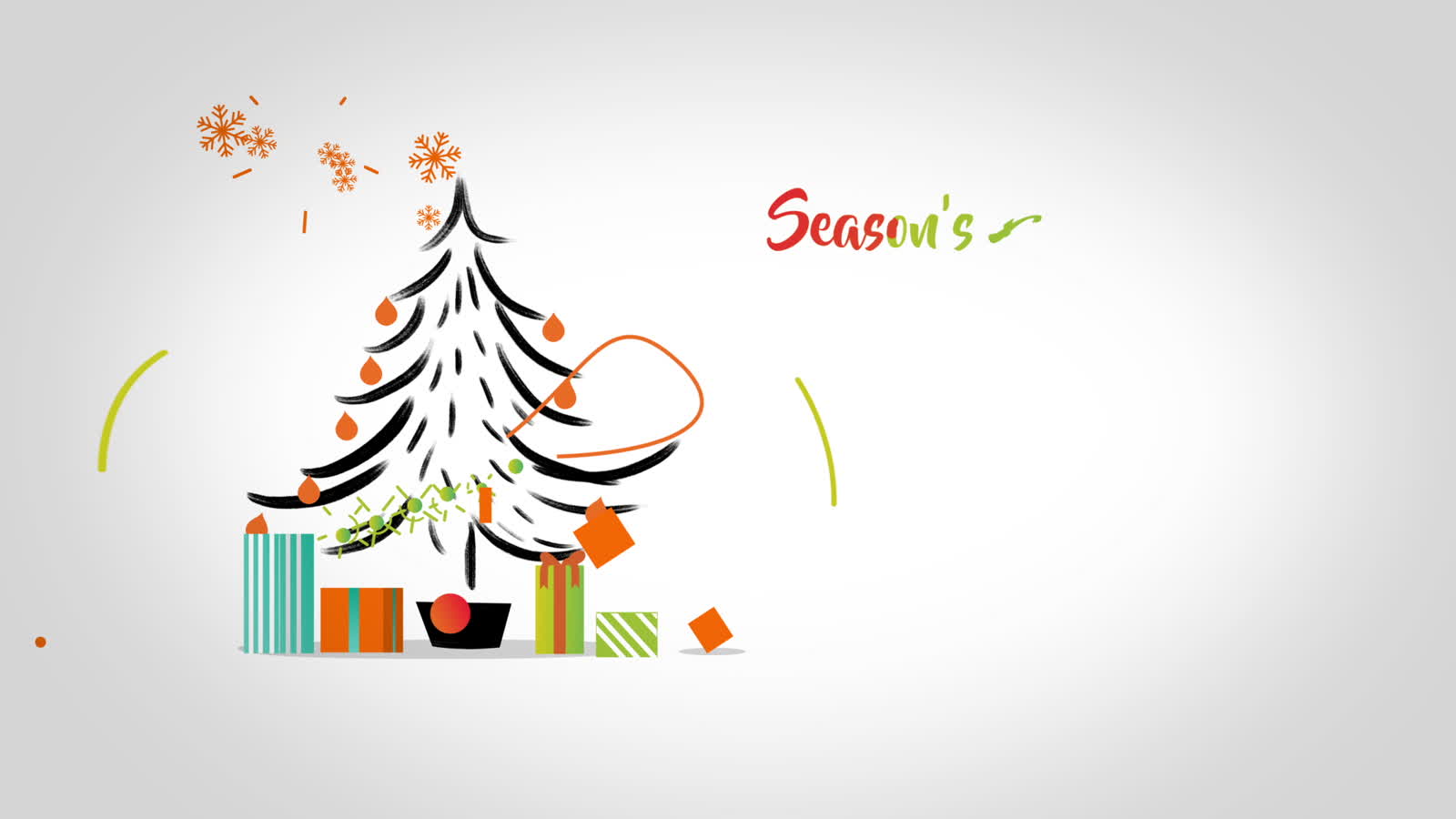 Brush drawn Christmas tree decorated with baubles, a star, and wrapped presents underneath