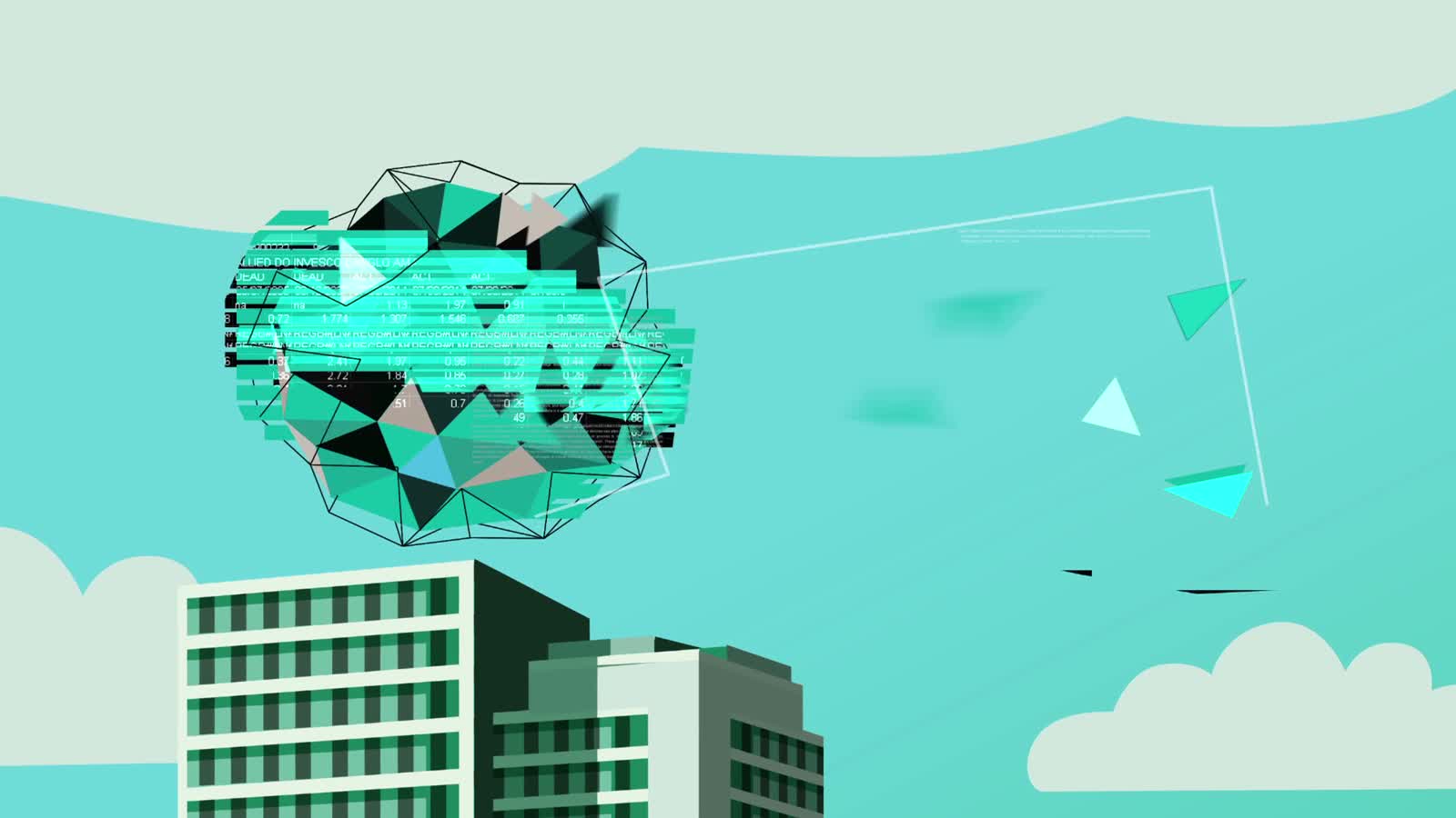 WanDisco, glowing data cloud drifting between illustrated office buildings