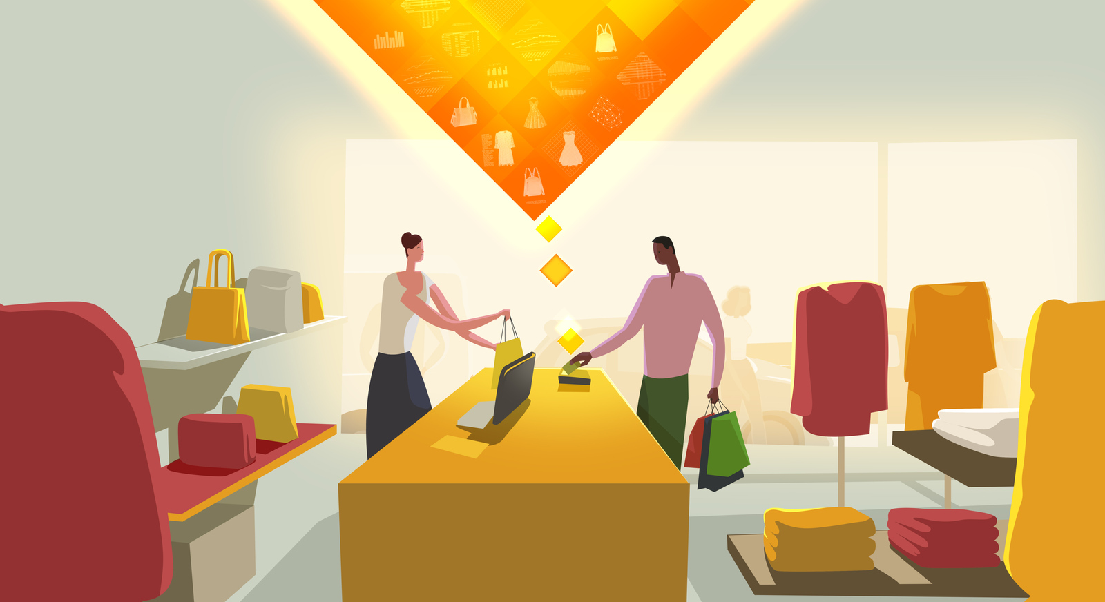 WanDisco, illustrated shop counter beneath a data motif
